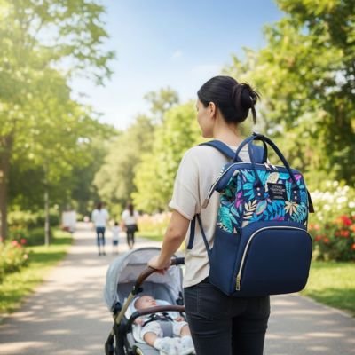 Femme marche dans une allée un grand parc avec bébé en poussette et le sac de voyage à dos pour bébé