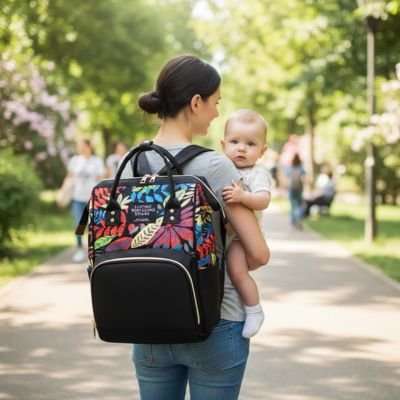Femme marche sous les arbres un grand parc avec bébé souriant et le sac de voyage à dos pour bébé noir