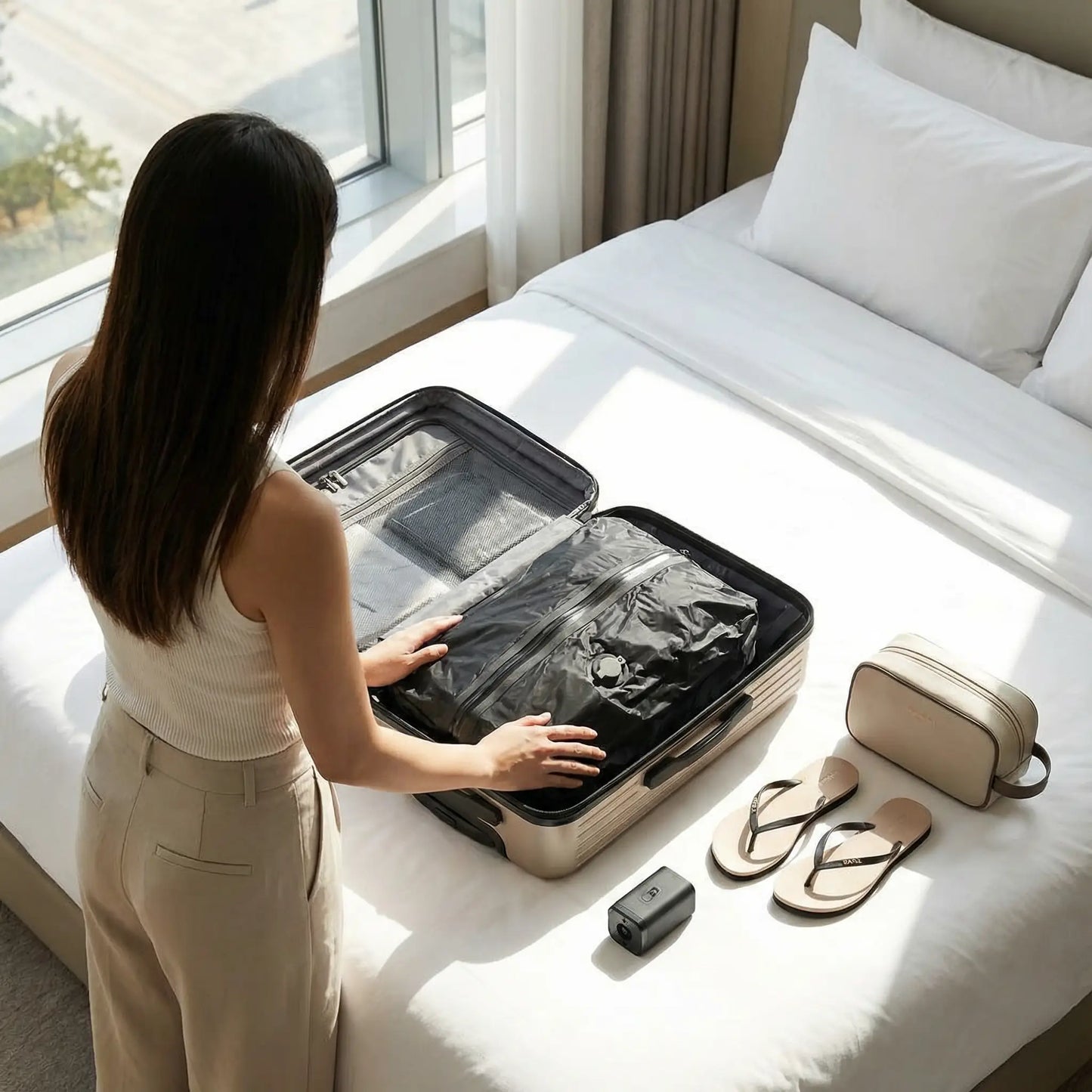 femme preparant sa valise sur un lit lumineux en utilisant un sac sous vide voyage pour compresser les vetements et gagner de la place avec accessoires de voyage 