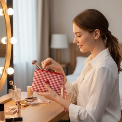 Femme prépare la petite trousse maquillage pour une retouche au boulot 