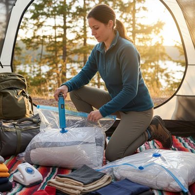 Femme prépare retour à la maison avec sac sous vide pour voyage avec pompe manuelle en foret pour gagner de la place en sac à dos