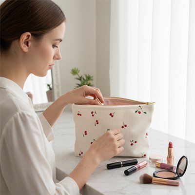 Femme prépare sa trousse de maquillage crème à cerises de grande capacité