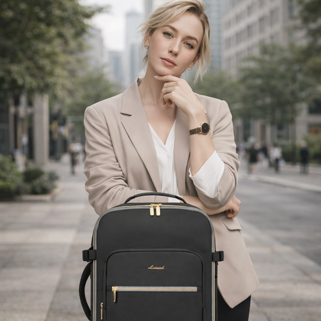femme professionnelle stylee en milieu urbain tenant un sac a dos voyage noir elegant avec details brun dans une avenue moderne aux immeubles contemporains