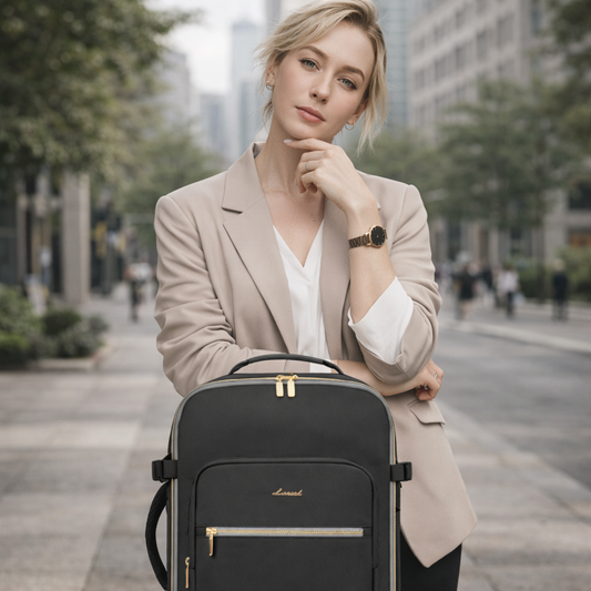 femme professionnelle stylee en milieu urbain tenant un sac a dos voyage noir elegant avec details brun dans une avenue moderne aux immeubles contemporains