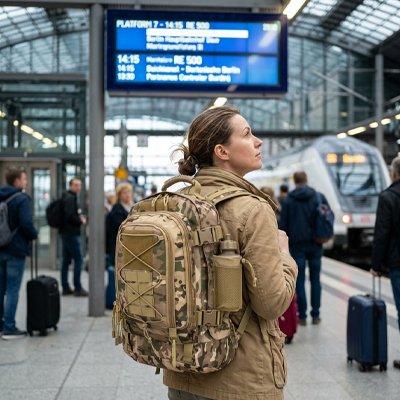 Femme se promenant à l'aéroport avec Sac à dos voyage