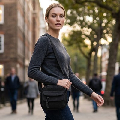Femme sortant de son immeuble en tenue automnale, portant un sac bandoulière femme élégant