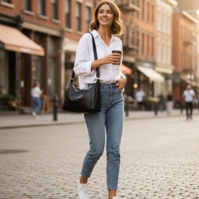 Femme sortant d’un café à Paris avec sac à main femme bandoulière noir style urbain chic en route pour le travail durant une journée de fin d’été