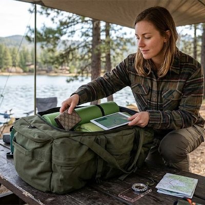 Femme sous la tente avec Sac à dos pour randonnée vert