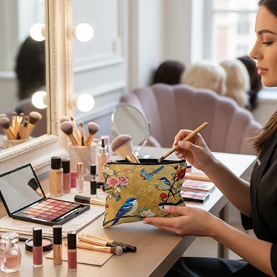 Femme utilisant une trousse maquillage dorée à motifs oiseaux et fleurs, sur coiffeuse avec produits beauté, élégante et pratique 