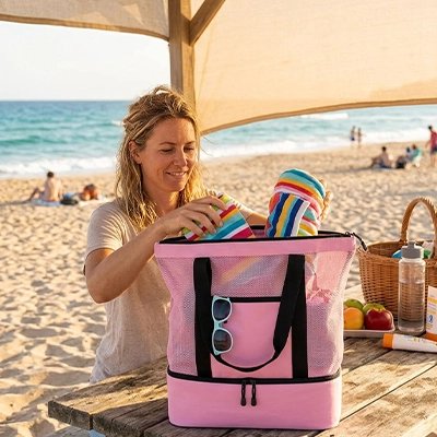 Grand sac de plage Ma Parenthèse rose sur table