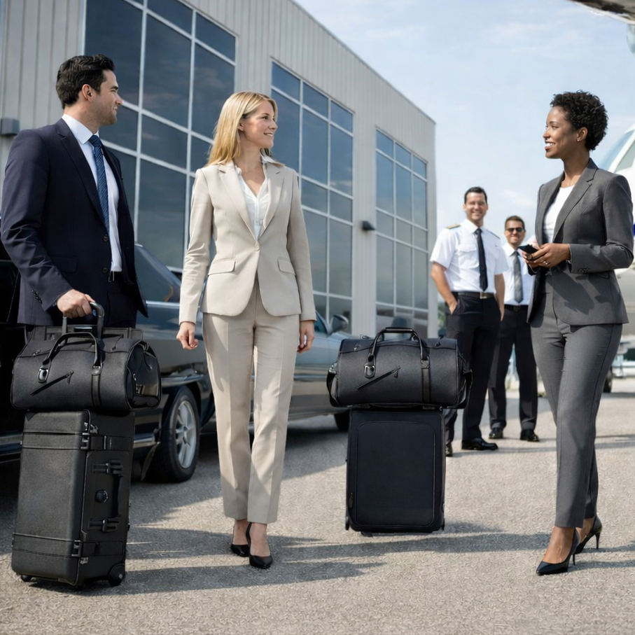 groupe de professionnels en tenue elegante avec valises et sac de voyage devant un jet prive style voyage daffaires professionnel