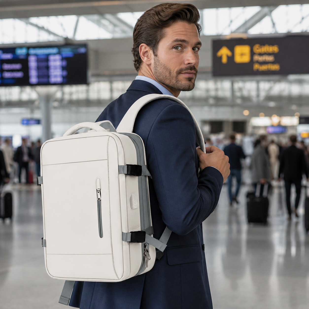 Homme à l’aéroport avec sac à dos pour bagage cabine