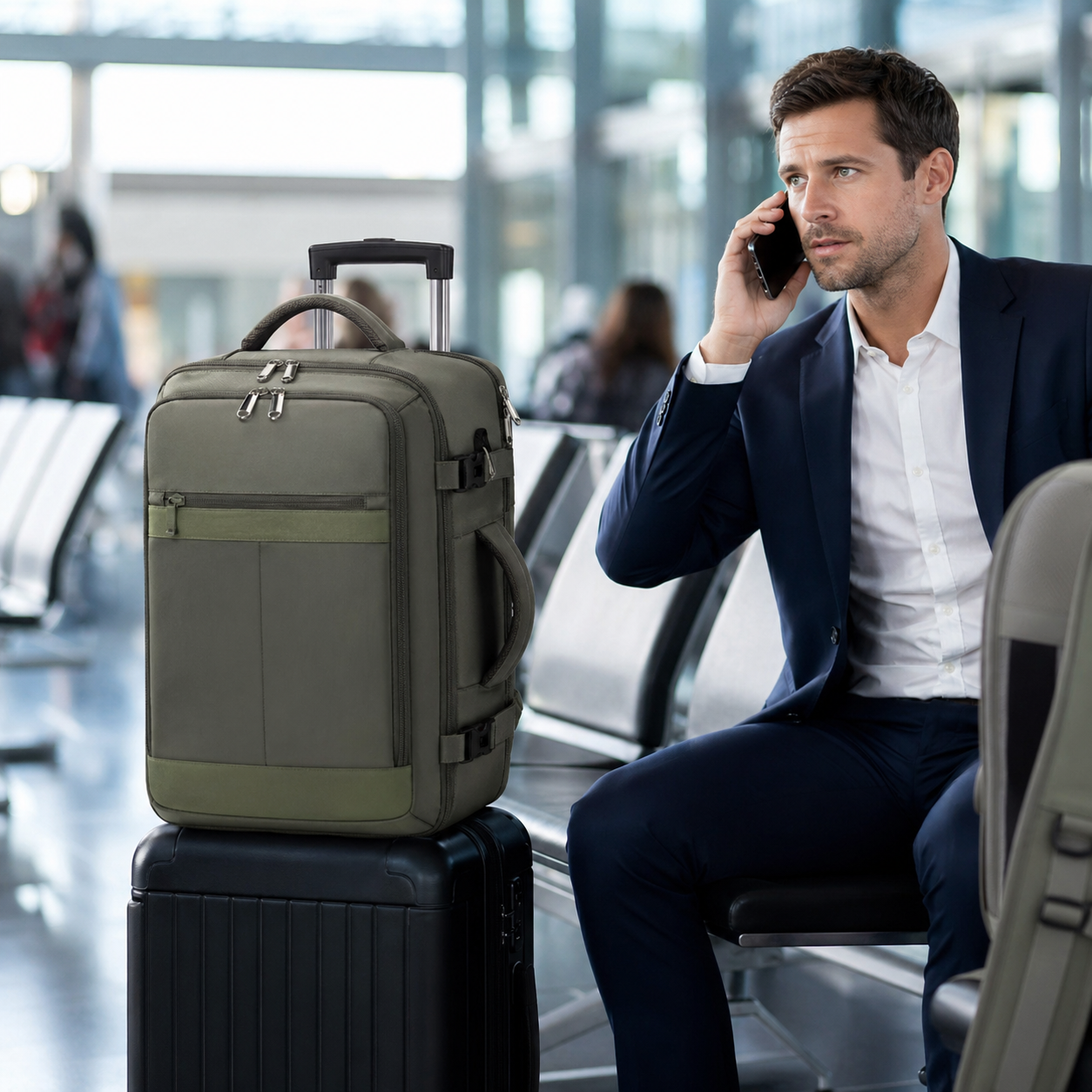Homme à l’aéroport en vacances avec un bagage cabine sac à dos