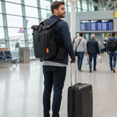 homme a l aeroport Sac a dos voyage rolleur top noir