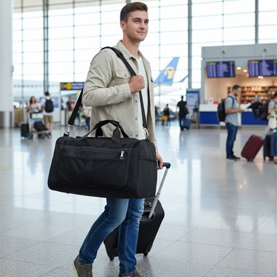 homme à l'aéroport transporte le sac week end noir sur l'épaule et bagage trolley