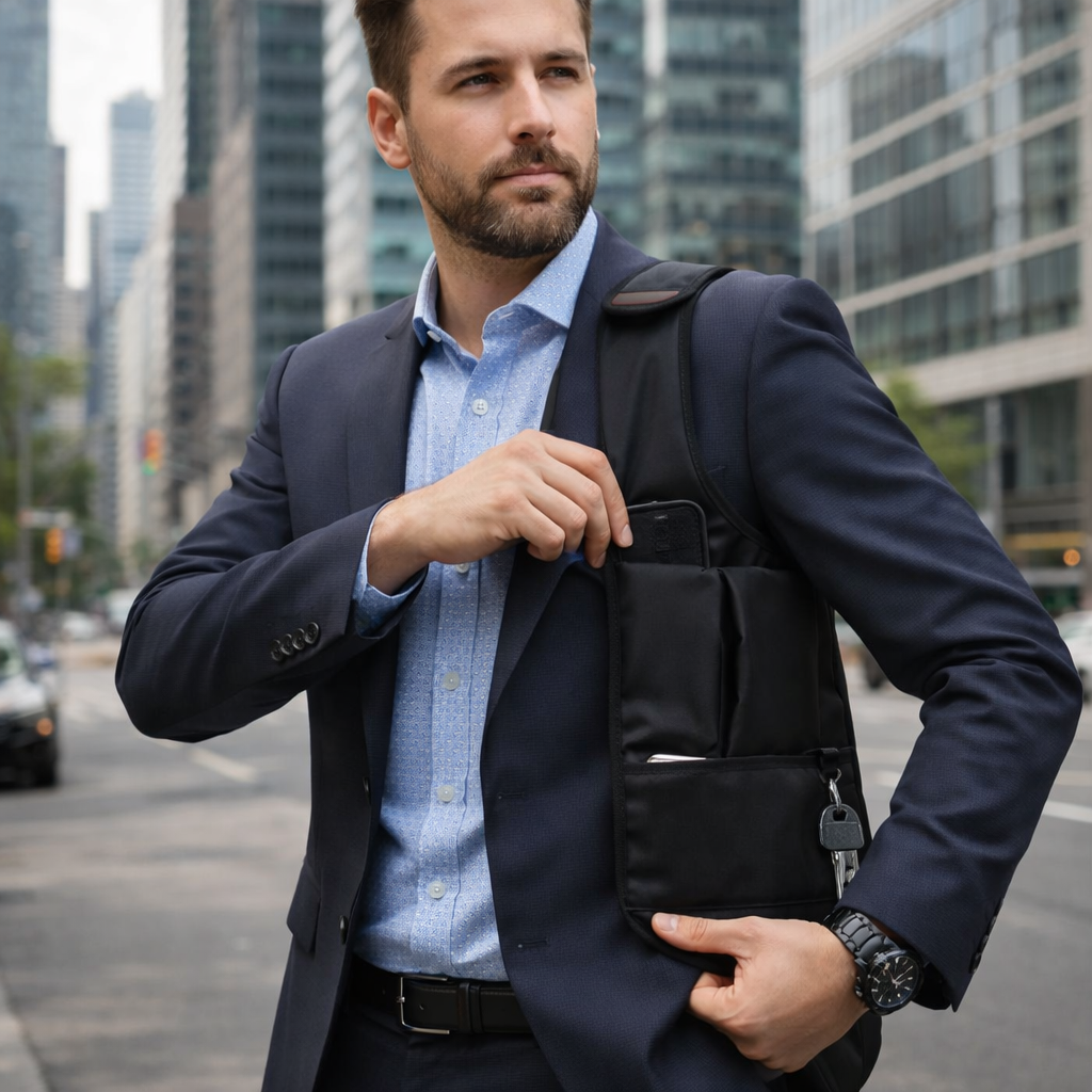 Homme actif en ville porte un sac bandoulière antivol noir au look professionnel