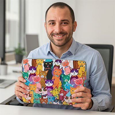 Homme assis au bureau tenant une sacoche pour ordinateur colorée à motifs de chats, souriant face à la caméra