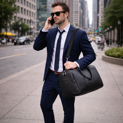 Homme au téléphone mobile avec Sac de voyage homme avec bandoulière sur costume, idéal pour déplacements professionnels et weekend urbain