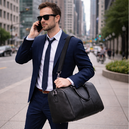 Homme au téléphone mobile avec Sac de voyage homme avec bandoulière 