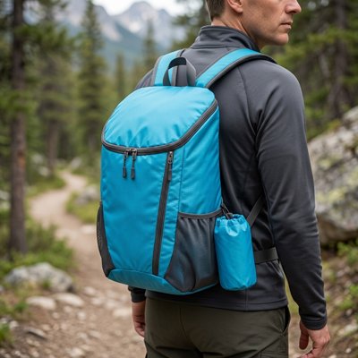 homme avec Sac à dos pour rando et porte gourde bleu