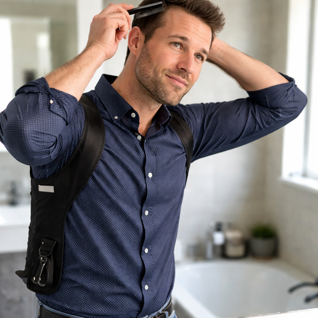 Homme coiffe ses cheveux devant un miroir dans une salle de bain, sac bandoulière noir en nylon