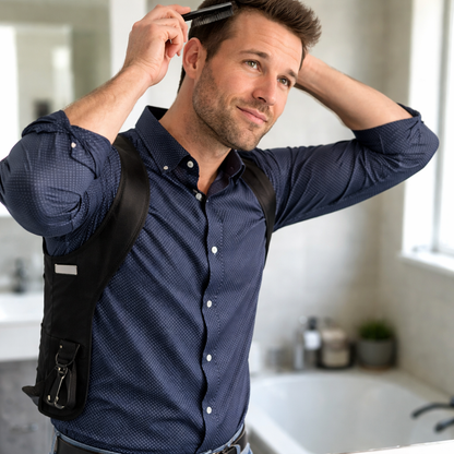 Homme coiffe ses cheveux devant un miroir dans une salle de bain, sac bandoulière noir en nylon