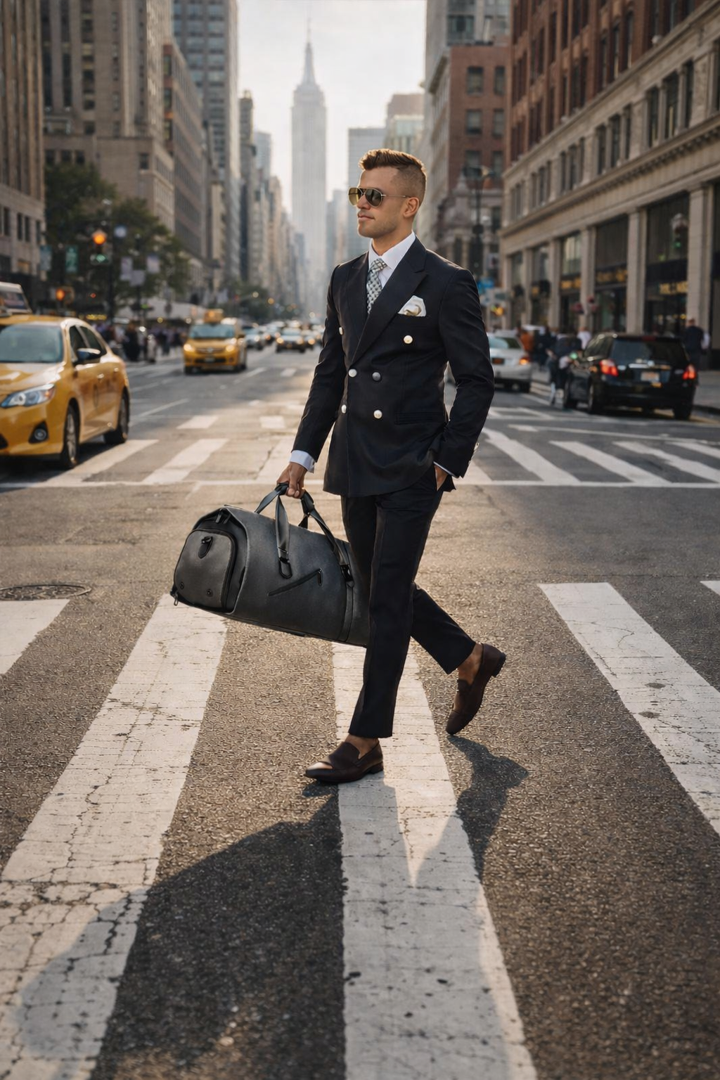 homme daffaires elegant traversant un passage pieton en ville avec un sac de voyage gris style professionnel paysage urbain americain