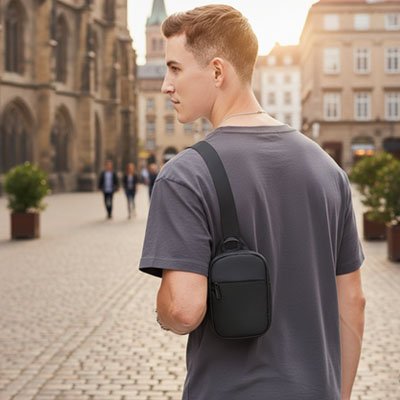 Homme dans rue pavée européenne porte sac bandoulière homme noir sur épaule, t-shirt gris, style urbain moderne, ville historique, lumière douce, regard arrière