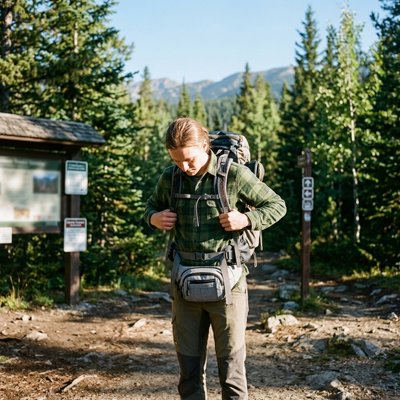 homme dans sentier de montagne canadienne avec Sac banane pour voyage