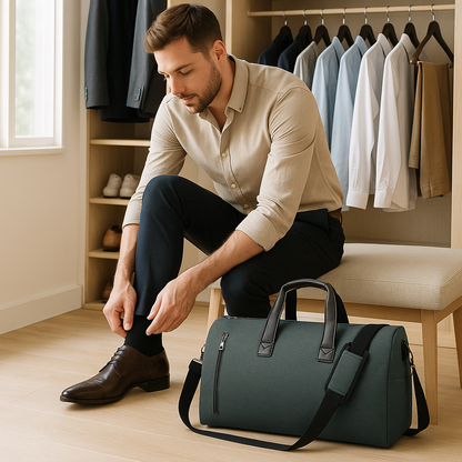 Homme dans son Walking qui attache chaussure. Son  sac de voyage gris noir prêt partir pour le travail