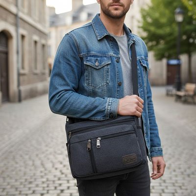 Homme dans une vieille ville européenne porte un sac en bandoulière homme, rue pavée, bâtiments historiques, style urbain moderne