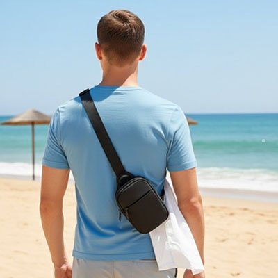 Homme de dos sur plage porte un sac bandoulière noir sur épaule, t-shirt bleu clair, style estival sur le bord de mer, eau turquoise