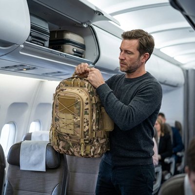 Homme déposant Sac à dos voyage dans le comprtiment dans l'avion