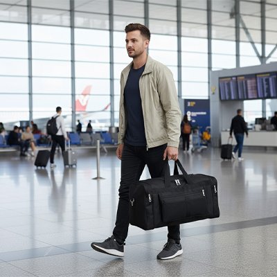 homme élégant à l'aéroport transporte le sac week end noir par les poignées 