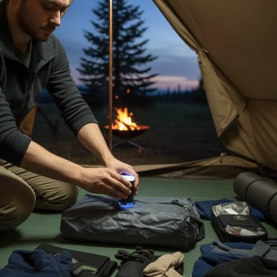 homme en camping a l interieur d une tente utilisant un sac sous vide voyage pour reduire le volume des vetements avec feu de camp 