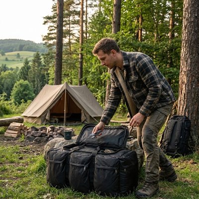homme en camping avec Sac à dos pour randonnée noir