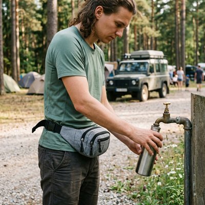 homme  en camping avec Sac banane pour voyage gris
