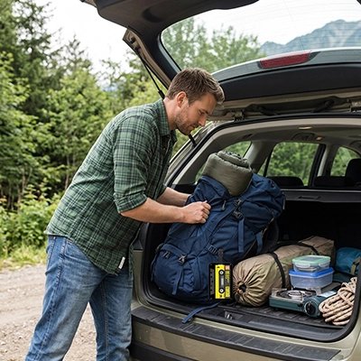 Homme en camping et Étiquette bagage Rétro Pop Cassette jaune