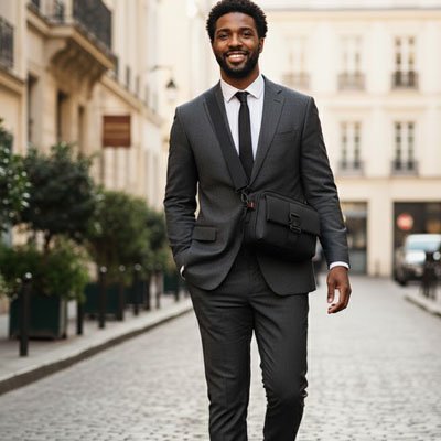 Homme en costume marche dans une ville européenne, porte un sac en bandoulière, style professionnel