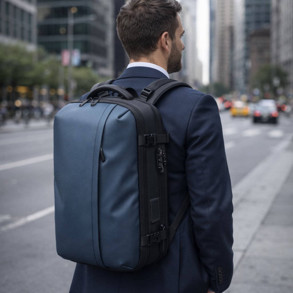 Homme en costume portant un sac à dos de voyage cabine à compression, bleu, dans une rue urbaine au style business voyage