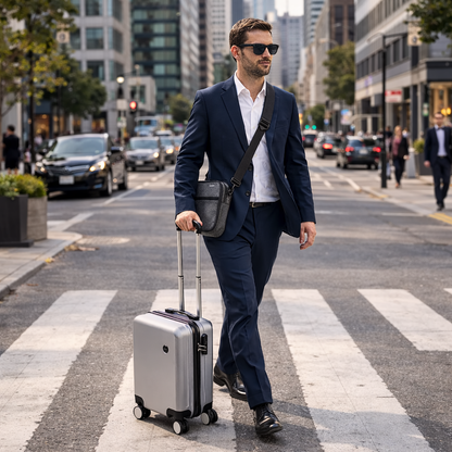 Homme en costume traversant la ville avec une petite valise de format cabine argentée, aux dimensions Ryanair.