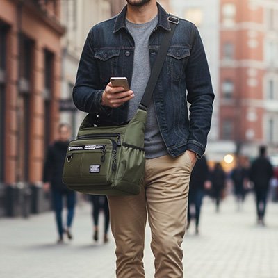 homme en direction du travail avec son SAC BANDOULIERE HOMME vert