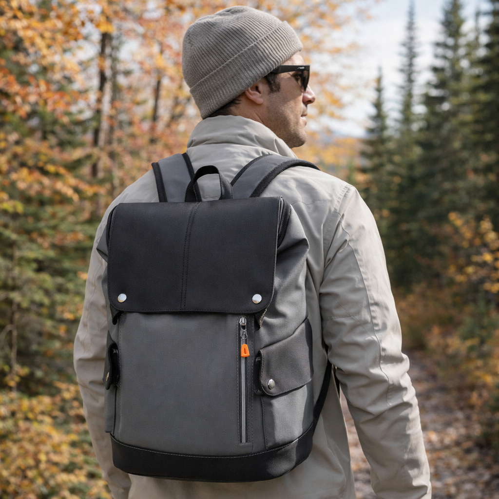 Homme en forêt automnale avec un sac à dos de voyage aux dimensions EasyJet, gris, dans un style aventure et randonnée