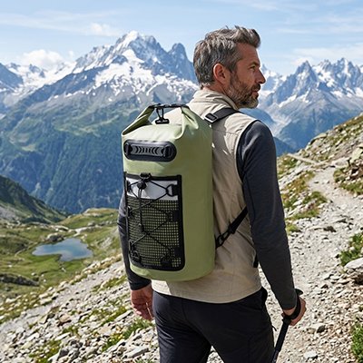 homme en montagne avec SAC A DOS ETANCHE beige