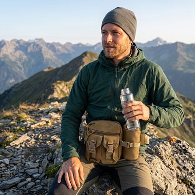 Homme en montagne avec sacoche banane randonnée tactique