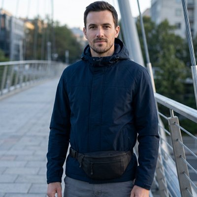 Homme en promenade à Québec avec sac banane urbain et compact