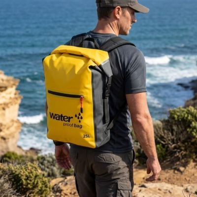 homme en randonnée avec Sac à dos étanche jaune en bord de mer