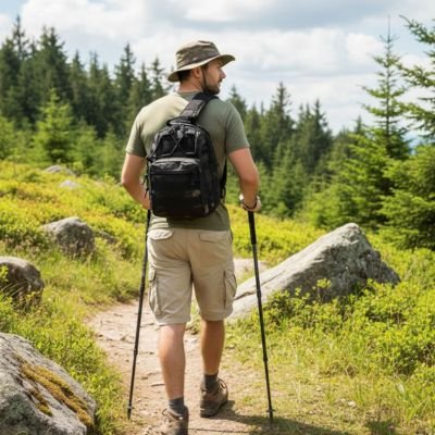 HOMME EN RANDONNEE AVEC TRES GRAND SAC BANDOULIERE NOIR