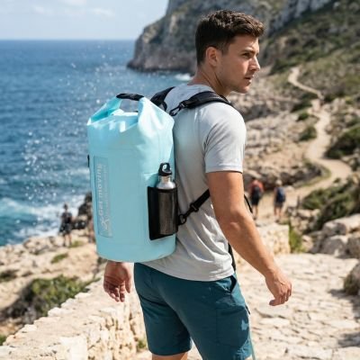 Homme en randonnée sur des falaises avec Sac à dos étanche bleu