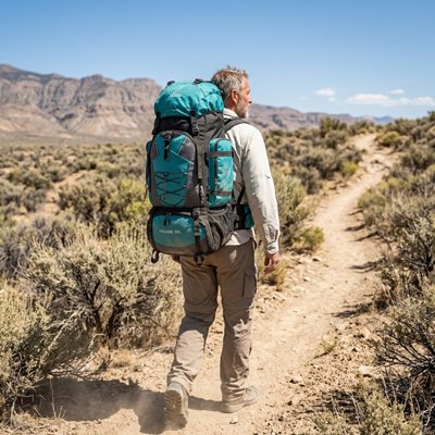 Homme en trek dans le dessert avec sac à dos de randonnée